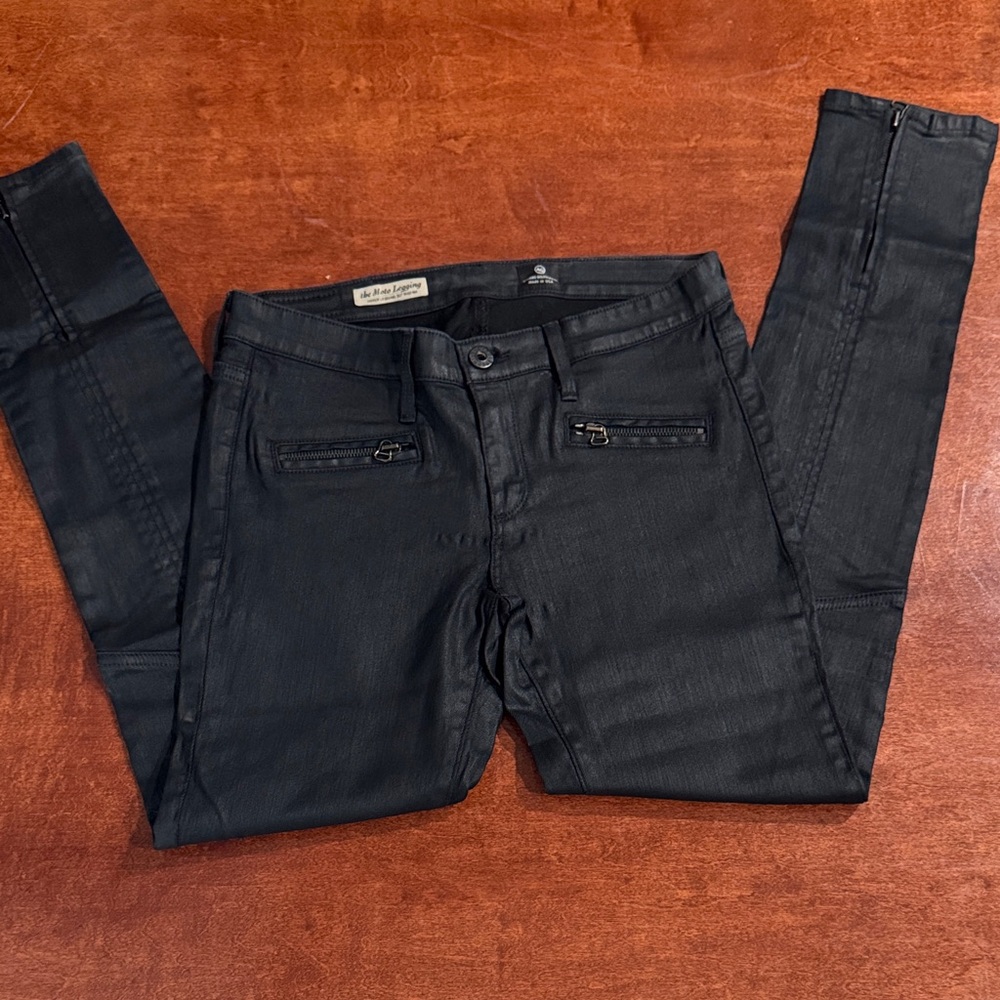 AG Adriano Goldschmied Black Skinny Coated Moto Style Low Rise Jeans Sz 27 NWOT